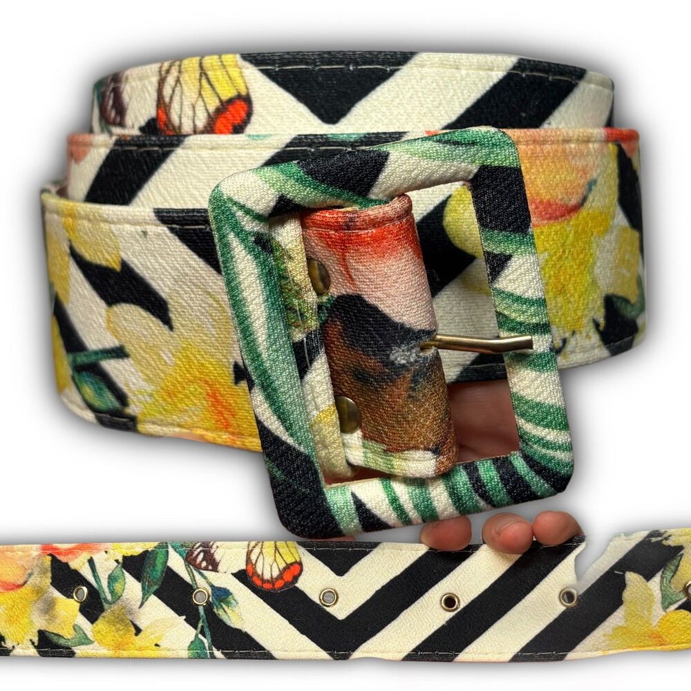 Floral Striped Butterfly Wide Belt Adjustable